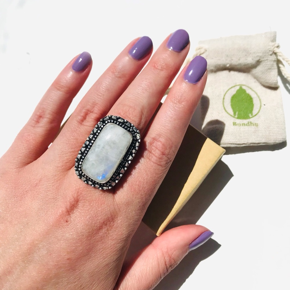 Rainbow Moonstone gem stone crystal rectangular Ring sterling silver 925 Size 7 - Picture 2 of 7